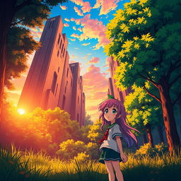 An anime-style depiction of a young girl standing in a lush, vibrant forest, looking up at towering, high stone walls that are surrounded by tall trees