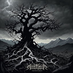 A black metal album cover featuring a gnarled black tree in a desolate landscape under a stormy sky