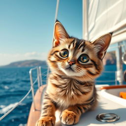 A realistic and funny cat sitting on a yacht, gazing into the distance with a curious and whimsical expression