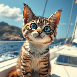 A realistic and funny cat sitting on a yacht, gazing into the distance with a curious and whimsical expression