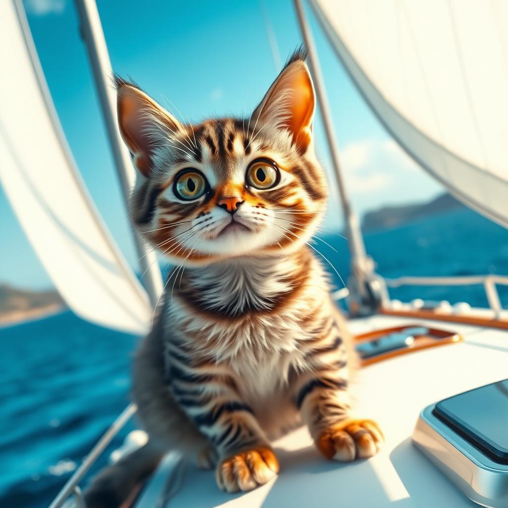 A realistic and funny cat sitting on a yacht, gazing into the distance with a curious and whimsical expression