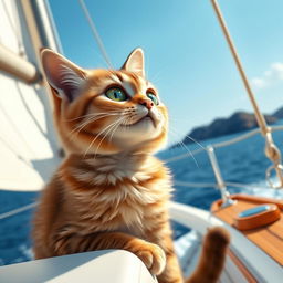 A realistic and funny cat sitting on a yacht, gazing into the distance with a curious and whimsical expression