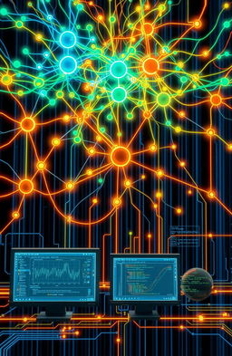 A visually engaging representation of machine learning concepts, showcasing intricate neural networks and data flow