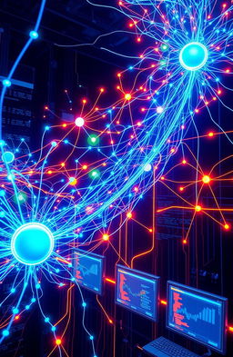 A visually engaging representation of machine learning concepts, showcasing intricate neural networks and data flow