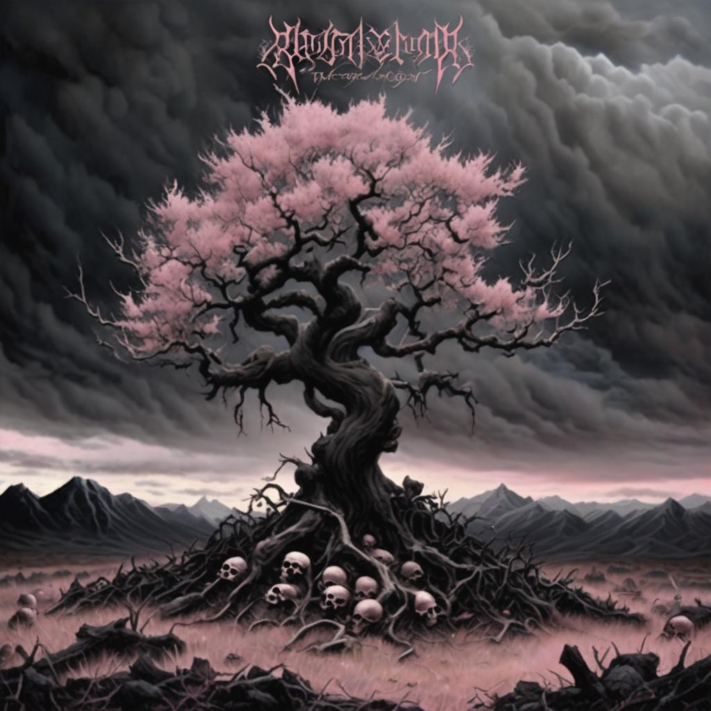 A black metal album cover featuring a gnarled pastel pink tree in a desolate landscape under a stormy sky