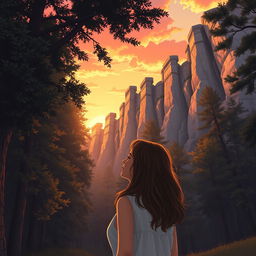 A realistic illustration of a woman standing in a tranquil forest, gazing up at towering, high stone walls that are enveloped by tall trees