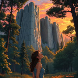 A realistic illustration of a woman standing in a tranquil forest, gazing up at towering, high stone walls that are enveloped by tall trees