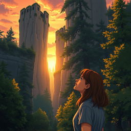 A realistic illustration of a woman standing in a tranquil forest, gazing up at towering, high stone walls that are enveloped by tall trees