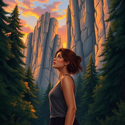 A realistic illustration of a woman standing in a tranquil forest, gazing up at towering, high stone walls that are enveloped by tall trees