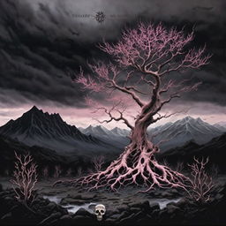 A black metal album cover featuring a gnarled pastel pink tree in a desolate landscape under a stormy sky