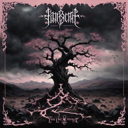 A black metal album cover featuring a gnarled pastel pink tree in a desolate landscape under a stormy sky