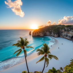 A breathtaking view of Nihiwatu Beach on Sumba Island, Indonesia, showcasing its pristine white sand, clear turquoise waters, and dramatic rocky cliffs