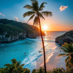 A breathtaking view of Nihiwatu Beach on Sumba Island, Indonesia, showcasing its pristine white sand, clear turquoise waters, and dramatic rocky cliffs