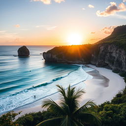 A breathtaking view of Nihiwatu Beach on Sumba Island, Indonesia, showcasing its pristine white sand, clear turquoise waters, and dramatic rocky cliffs