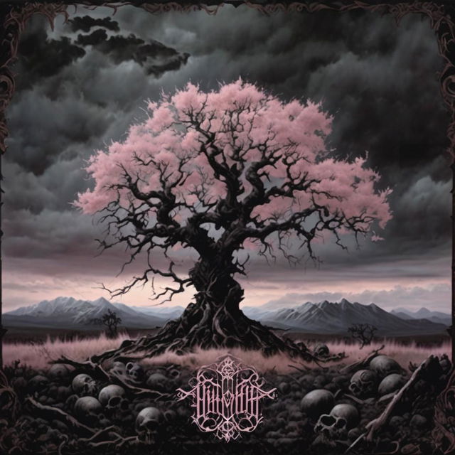 A black metal album cover featuring a gnarled pastel pink tree in a desolate landscape under a stormy sky