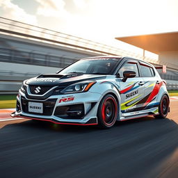 A sport-tuned Suzuki Baleno modified with a sleek RS racing kit, featuring a low, aggressive stance, stylish body kit, unique racing decals, and a vibrant racing color scheme