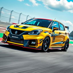 A sport-tuned Suzuki Baleno modified with a sleek RS racing kit, featuring a low, aggressive stance, stylish body kit, unique racing decals, and a vibrant racing color scheme