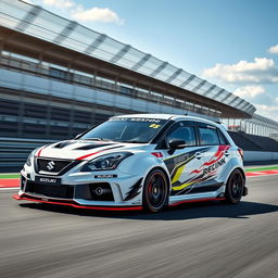 A sport-tuned Suzuki Baleno modified with a sleek RS racing kit, featuring a low, aggressive stance, stylish body kit, unique racing decals, and a vibrant racing color scheme