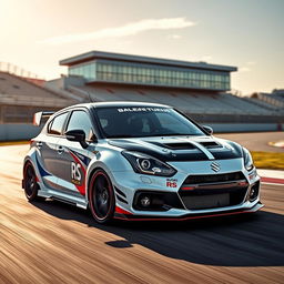 A sport-tuned Suzuki Baleno modified with a sleek RS racing kit, featuring a low, aggressive stance, stylish body kit, unique racing decals, and a vibrant racing color scheme