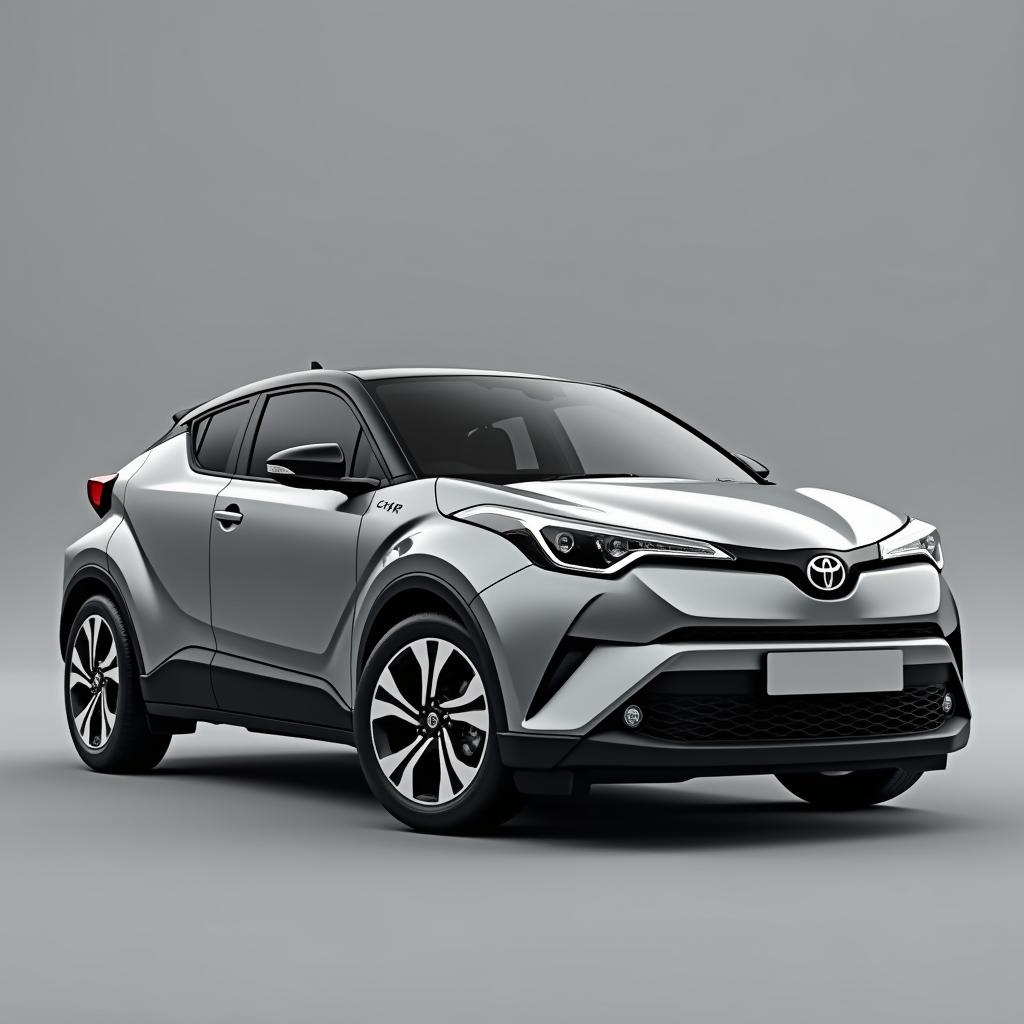 A striking gray Toyota C-HR, showcasing its stylish design and modern features, equipped with sleek silver wheels