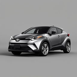 A sleek gray Toyota C-HR, designed with contemporary aesthetics and showcasing its sporty appearance, equipped with elegant silver wheels