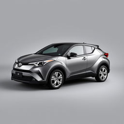 A sleek gray Toyota C-HR, designed with contemporary aesthetics and showcasing its sporty appearance, equipped with elegant silver wheels