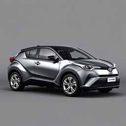 A sleek gray Toyota C-HR, designed with contemporary aesthetics and showcasing its sporty appearance, equipped with elegant silver wheels