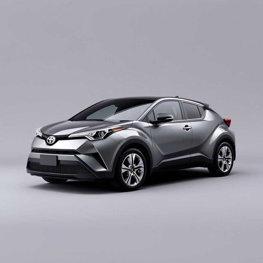 A sleek gray Toyota C-HR, designed with contemporary aesthetics and showcasing its sporty appearance, equipped with elegant silver wheels