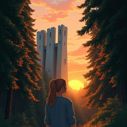 A realistic illustration of a woman standing in a serene forest, gazing up at tall, majestic stone walls that rise high among the surrounding trees