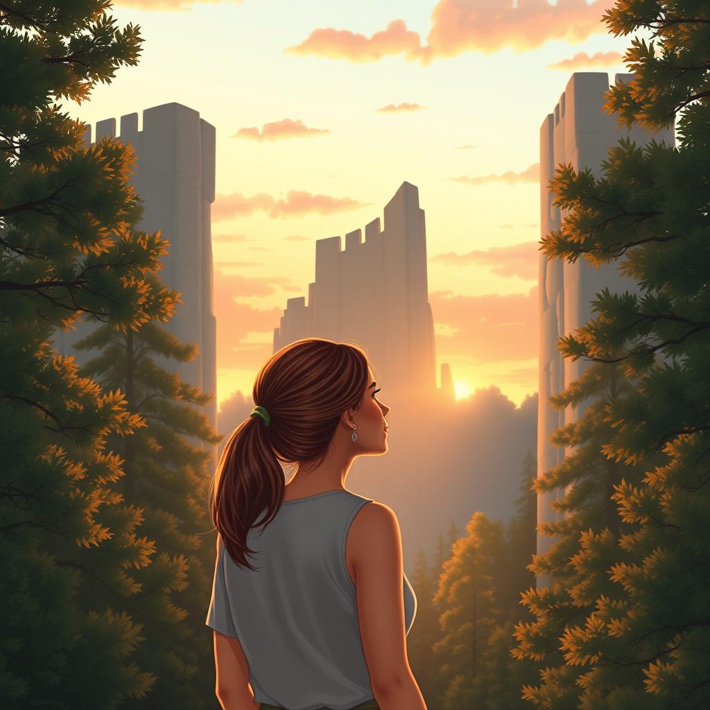 A realistic illustration of a woman standing in a serene forest, gazing up at tall, majestic stone walls that rise high among the surrounding trees