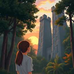 A realistic illustration of a woman standing in a serene forest, gazing up at tall, majestic stone walls that rise high among the surrounding trees
