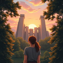 A realistic illustration of a woman standing in a serene forest, gazing up at tall, majestic stone walls that rise high among the surrounding trees