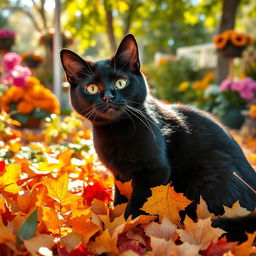 A realistic and funny black cat sitting in a colorful autumn garden, gazing directly at the camera with a playful and curious expression