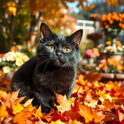 A realistic and funny black cat sitting in a colorful autumn garden, gazing directly at the camera with a playful and curious expression