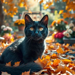 A realistic and funny black cat sitting in a colorful autumn garden, gazing directly at the camera with a playful and curious expression