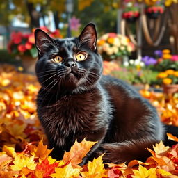 A realistic and funny black cat sitting in a colorful autumn garden, gazing directly at the camera with a playful and curious expression