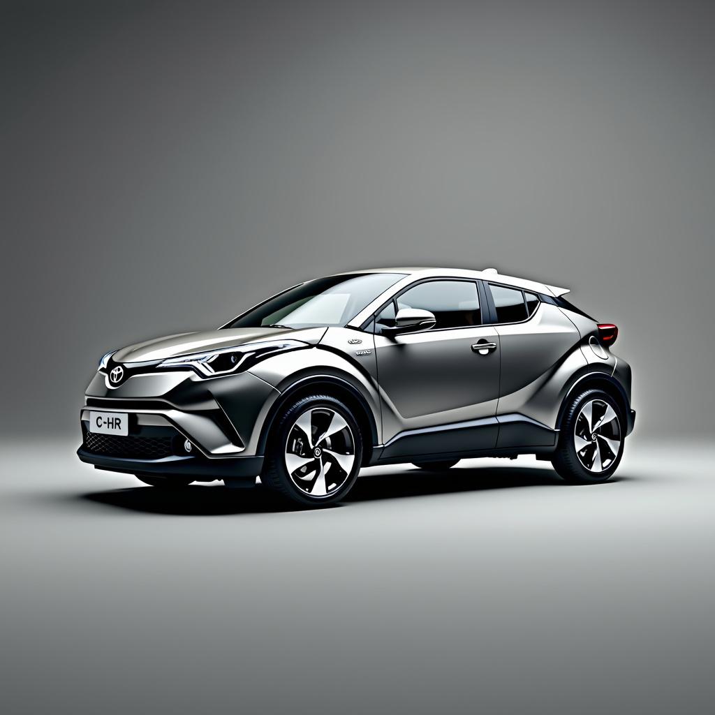 A sleek gray Toyota C-HR, elegantly designed with a modern aesthetic, featuring stylish silver wheels that complement its sporty look