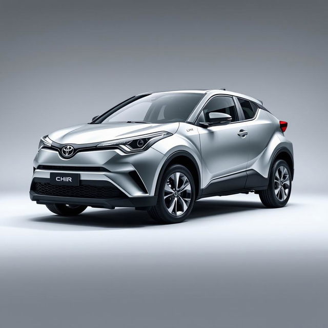 A brand new Toyota C-HR in a sleek silver finish, showcasing its modern design and stylish lines