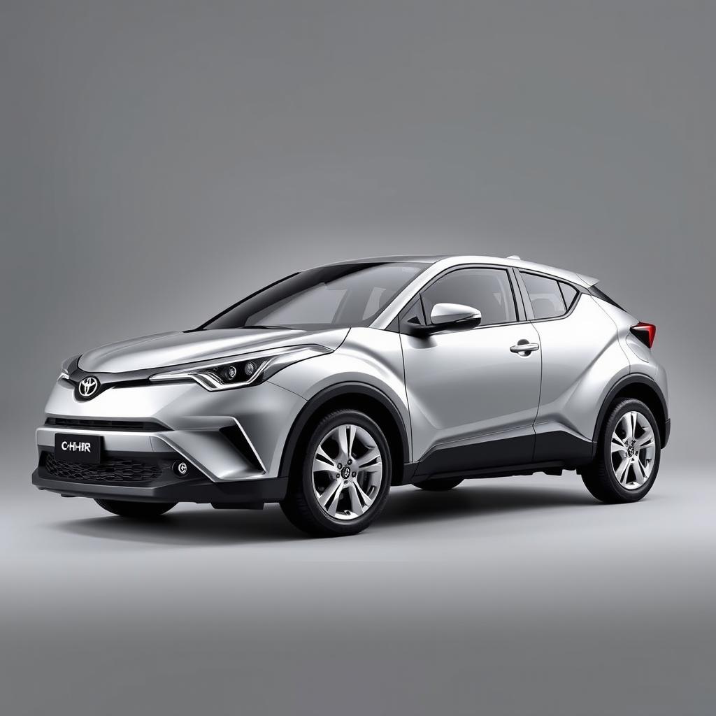 A brand new Toyota C-HR in a sleek silver finish, showcasing its modern design and stylish lines