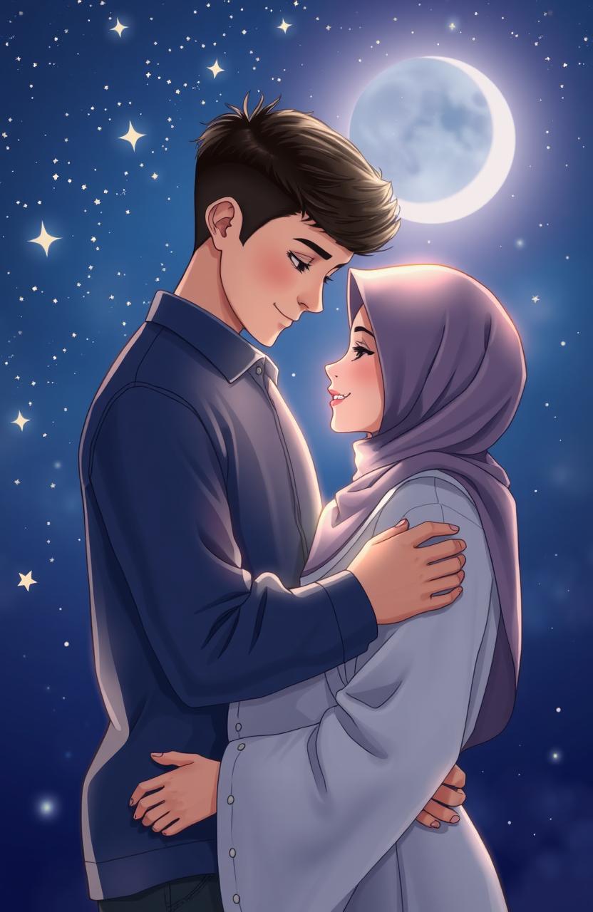 A romantic scene featuring two Muslim teenagers, a handsome boy and a beautiful girl, standing under a starry night sky