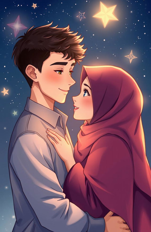 A romantic scene featuring two Muslim teenagers, a handsome boy and a beautiful girl, standing under a starry night sky