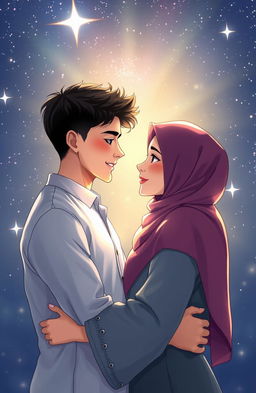 A romantic scene featuring two Muslim teenagers, a handsome boy and a beautiful girl, standing under a starry night sky