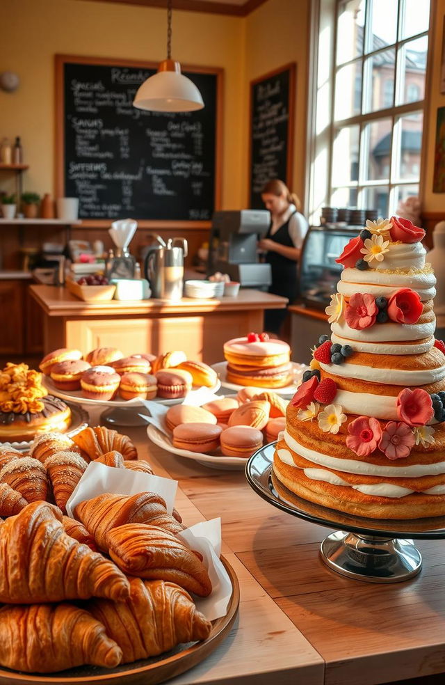 A cozy, inviting scene inside a charming bakery, showcasing an array of delicious homemade baked goods