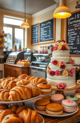 A cozy, inviting scene inside a charming bakery, showcasing an array of delicious homemade baked goods