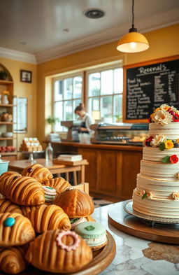 A cozy, inviting scene inside a charming bakery, showcasing an array of delicious homemade baked goods