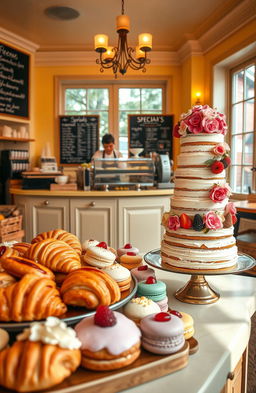 A cozy, inviting scene inside a charming bakery, showcasing an array of delicious homemade baked goods