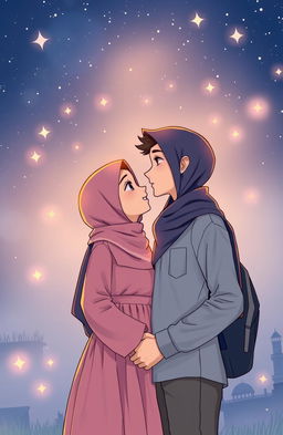 A romantic scene depicting two Muslim teenagers, a handsome boy and a beautiful girl, standing under a starry night sky