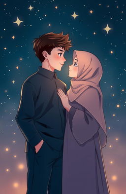 A romantic scene depicting two Muslim teenagers, a handsome boy and a beautiful girl, standing under a starry night sky
