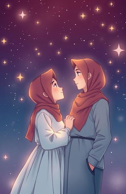 A romantic scene depicting two Muslim teenagers, a handsome boy and a beautiful girl, standing under a starry night sky