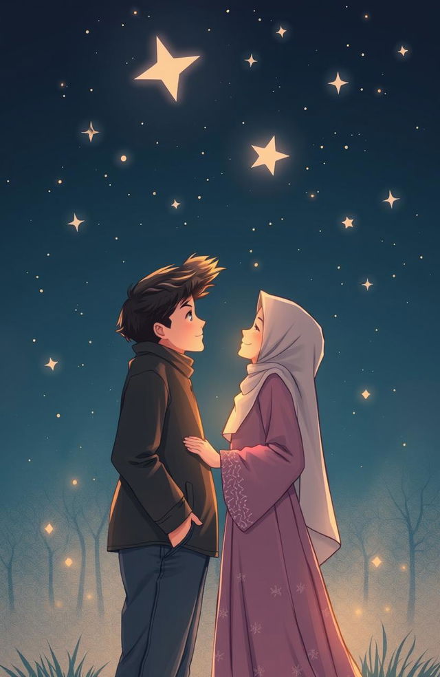 A romantic scene depicting two Muslim teenagers, a handsome boy and a beautiful girl, standing under a starry night sky